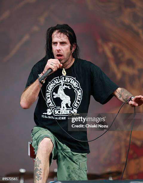 Randy Blythe of Lamb Of God performs on stage at Knebworth House on August 2, 2009 in Stevenage, England.