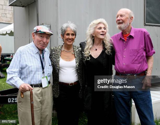 George Wein, Joan Baez, Judy Collins, and Pete Seeger at the 2009 Newport Folk Festival at Fort Adams State Park on August 2, 2009 in Newport, Rhode...