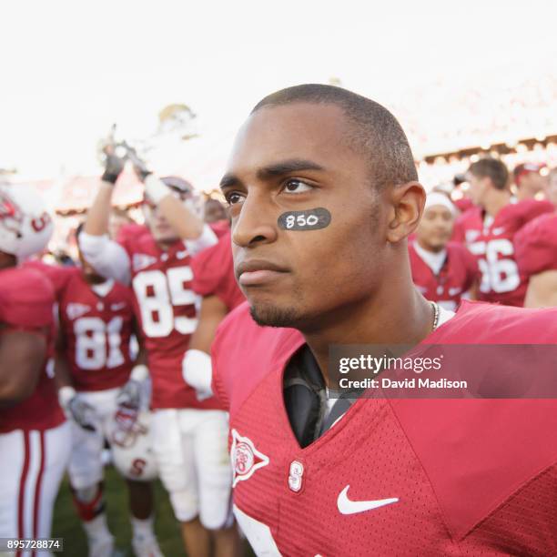 Doug Baldwin of the Stanford Cardinal looks to the crowd following an NCAA Pac-12 football game against the Arizona Wildcats on October 11, 2008 at...