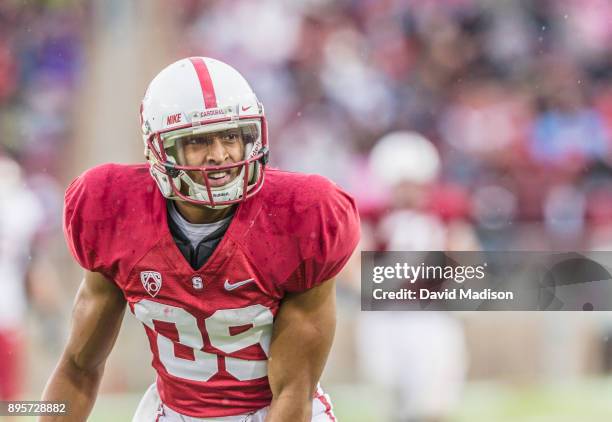 Doug Baldwin of the Stanford Cardinal plays in a rainy Pac-12 NCAA football game against the Washington State Cougars on October 23, 2010 at Stanford...