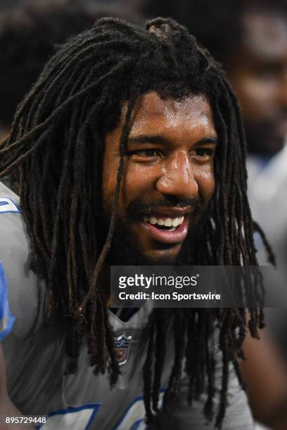 Detroit Lions linebacker Jalen Reeves-Maybin smiles during a game between the Chicago Bears and the Detroit Lions on December 16 at Ford Field in...