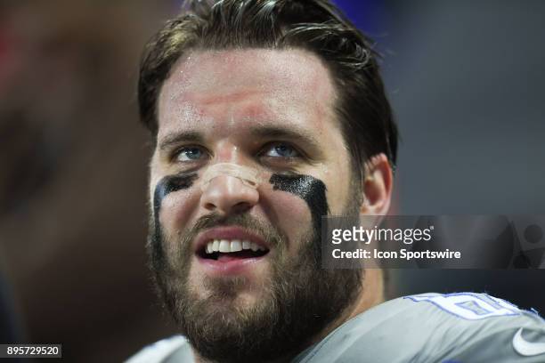 Detroit Lions offensive tackle Taylor Decker looks on during a game between the Chicago Bears and the Detroit Lions on December 16 at Ford Field in...