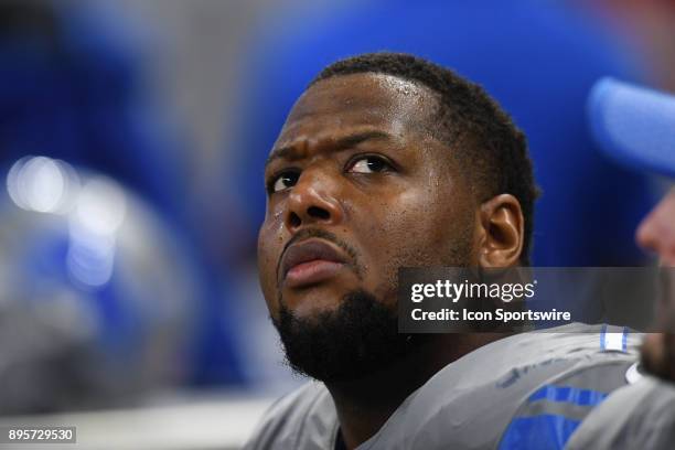 Detroit Lions offensive tackle Corey Robinson looks on during a game between the Chicago Bears and the Detroit Lions on December 16 at Ford Field in...