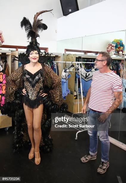 Tony Sheldon as "Bernadette" is assisted into his outfit by costume designer Tim Chappel during rehearsals for Priscilla Queen Of The Desert on...