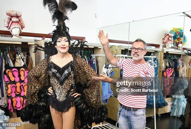 Tony Sheldon as "Bernadette" is assisted into his outfit by costume designer Tim Chappel during rehearsals for Priscilla Queen Of The Desert on...