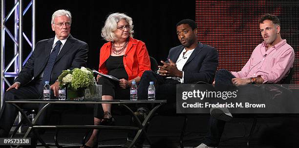 Apartheid mediator in South Africa Michael Young, executive producer Rebecca Eaton, actors Chiwetel Ejiofor and Johnny Lee Miller of the television...