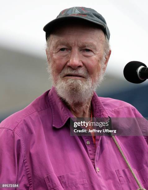 Singer/Songwriter Pete Seeger performs during day 2 of George Wein's Folk Festival 50 at Fort Adams State Park on August 2, 2009 in Newport, Rhode...