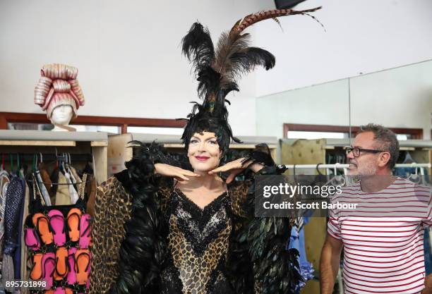 Tony Sheldon as "Bernadette" is assisted into his outfit by costume designer Tim Chappel during rehearsals for Priscilla Queen Of The Desert on...