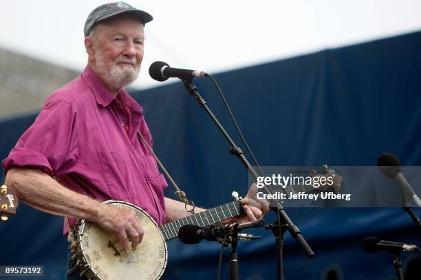 Singer/Songwriter Pete Seeger performs during day 2 of George Wein's Folk Festival 50 at Fort Adams State Park on August 2, 2009 in Newport, Rhode...