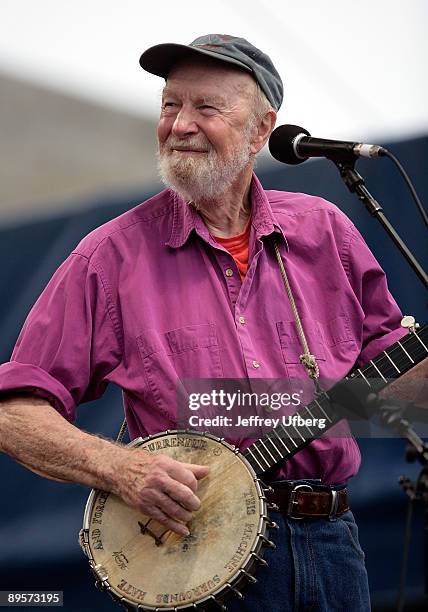 Singer/Songwriter Pete Seeger performs during day 2 of George Wein's Folk Festival 50 at Fort Adams State Park on August 2, 2009 in Newport, Rhode...