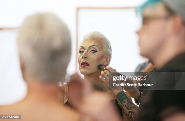 Tony Sheldon as "Bernadette" has make up applied during rehearsals for Priscilla Queen Of The Desert on December 20, 2017 in Melbourne, Australia....