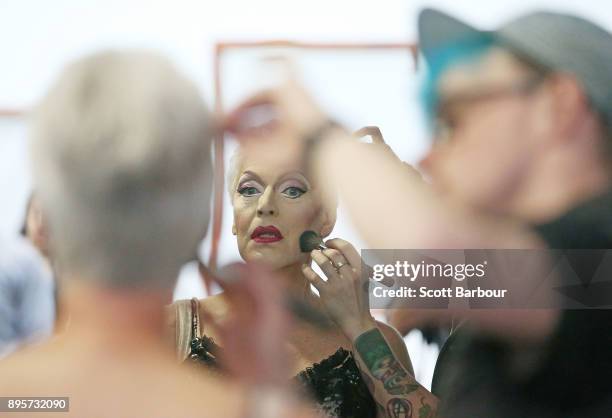 Tony Sheldon as "Bernadette" has make up applied during rehearsals for Priscilla Queen Of The Desert on December 20, 2017 in Melbourne, Australia....