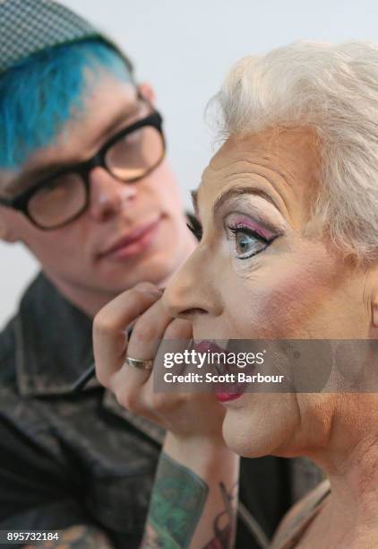 Tony Sheldon as "Bernadette" has make up applied during rehearsals for Priscilla Queen Of The Desert on December 20, 2017 in Melbourne, Australia....