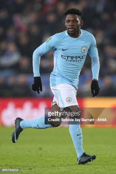Tom Dele-Bashiru of Manchester City during the Carabao Cup Quarter-Final match between here Leicester City v Manchester City at The King Power...