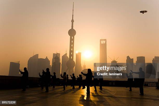 early tai-chi on the bund - tai chi shadow stock pictures, royalty-free photos & images