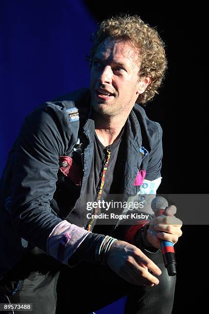 Chris Martin of Coldplay performs onstage during the 2009 All Points West Music & Arts Festival at Liberty State Park on August 2, 2009 in Jersey...