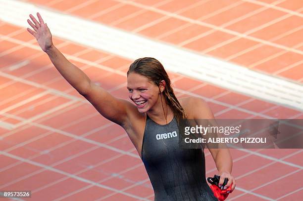Russia's Yuliya Efimova celebrates after the women's 50m breaststoke final on August 2, 2009 at the FINA World Swimming Championships in Rome....