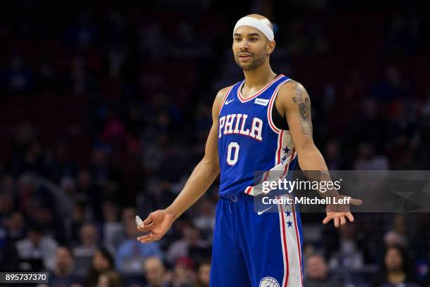 Jerryd Bayless of the Philadelphia 76ers reacts in the fourth quarter against the Sacramento Kings at the Wells Fargo Center on December 19, 2017 in...