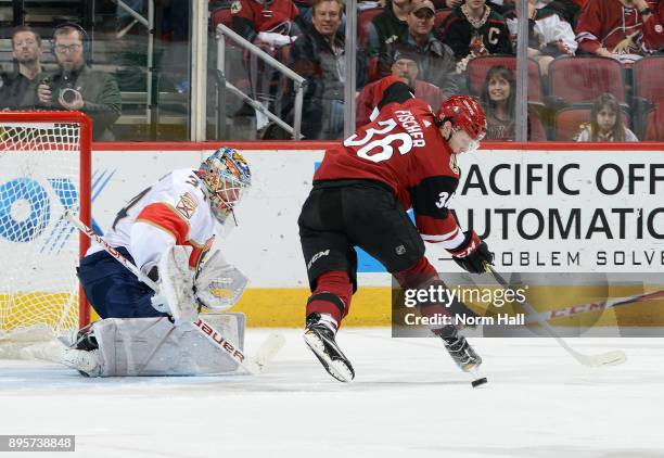 Christian Fischer of the Arizona Coyotes looks to get a shot on goalie James Reimer of the Florida Panthers during the first period at Gila River...