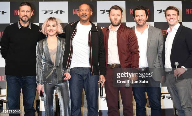 David Ayer, Noomi Rapace, Will Smith, Joel Edgerton, Eric Newman and Bryan Unkeless attend the press conference for 'Bright' at the Ritz-Carlton on...