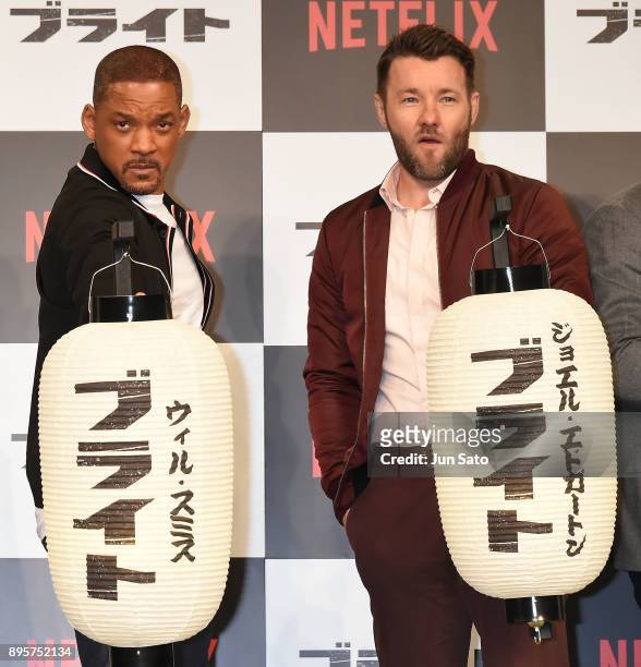Will Smith and Joel Edgerton attend the press conference for 'Bright' at the Ritz-Carlton on December 20, 2017 in Tokyo, Japan.