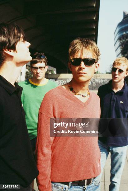 English rock band Blur pose under London's Westway, 1995. From left to right, bassist Alex James, guitarist Graham Coxon, singer Damon Albarn and...
