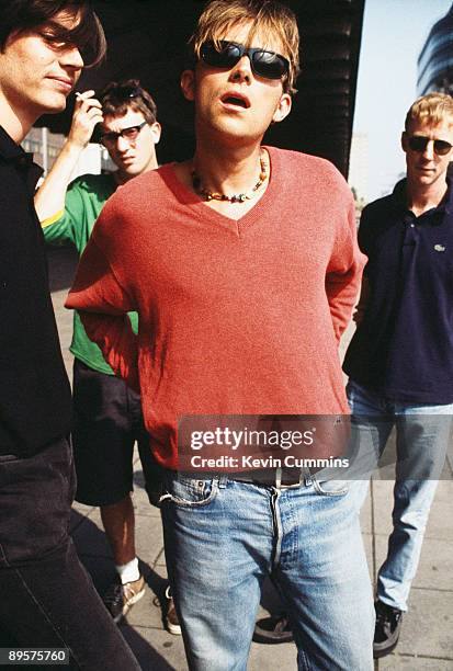 English rock band Blur pose under London's Westway, 1995. From left to right, bassist Alex James, guitarist Graham Coxon, singer Damon Albarn and...