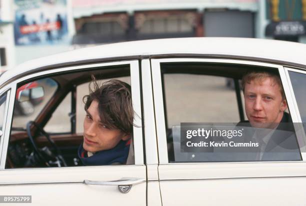 Bassist Alex James and drummer Dave Rowntree of English rock band Blur pose in Clacton-on-Sea, Essex, March 1993.