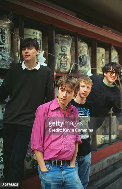 English rock band Blur in Tokyo, March 1992. From left to right, bassist Alex James, singer and songwriter Damon Albarn, drummer Dave Rowntree and...
