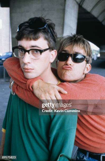 Guitarist Graham Coxon and singer Damon Albarn of English rock band Blur pose under London's Westway, 1995.