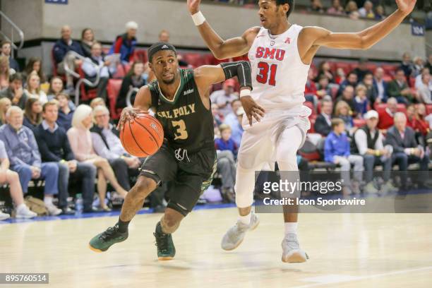Cal Poly Mustangs guard Donovan Fields drives to the basket during the game between SMU and Cal Poly on December 19 at Moody Coliseum in Dallas, TX.
