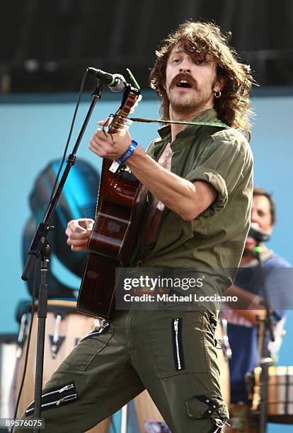 Eugene Hutz of Gogol Bordello performs on stage during the 2009 All Points West Music & Arts Festival at Liberty State Park on August 1, 2009 in...