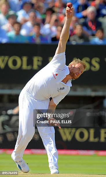 England bowler Andrew Flintoff bowls on the fifth day of the third Ashes cricket test between England and Australia at Edgbaston in Birmingham,...