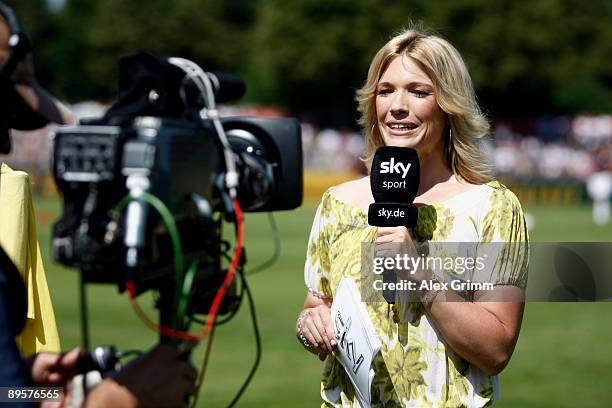 Sky TV presenter Jessica Kastrop presents the DFB Cup first round match between SG Sonnenhof Grossaspach and VfB Stuttgart at the Franken stadium on...