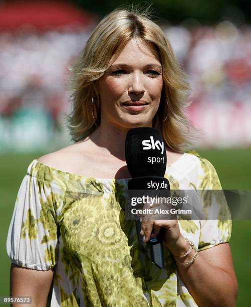 Sky TV presenter Jessica Kastrop presents the DFB Cup first round match between SG Sonnenhof Grossaspach and VfB Stuttgart at the Franken stadium on...