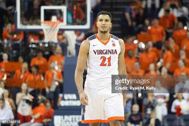 Isaiah Wilkins of the Virginia Cavaliers walks up court in the second half during a game against the Davidson Wildcats at John Paul Jones Arena on...