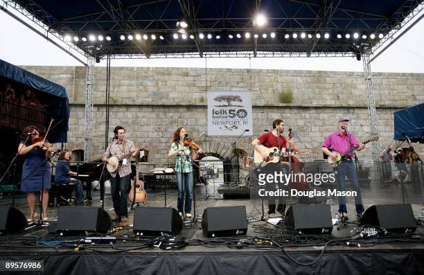 Tao Rodriguez-Seeger Perfiorms with his grandfather, Pete Seeger at the 2009 Newport Folk Festival at Fort Adams State Park on August 2, 2009 in...
