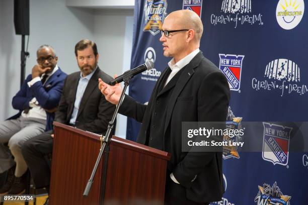 New York Rangers alumni Adam Graves speaks as the NHL and the New York Rangers partner with WHEDco and the Garden of Dreams Foundation to open a...