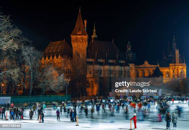 The Vajdahunyad Castle and the ice rink of City Park are seen at Hösök tere on December 17, 2017 in Budapest, Hungary. Budapest is a popular tourist...