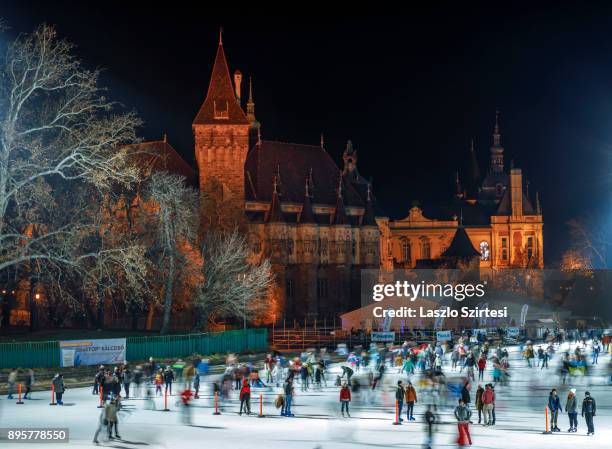 The Vajdahunyad Castle and the ice rink of City Park are seen at Hösök tere on December 17, 2017 in Budapest, Hungary. Budapest is a popular tourist...