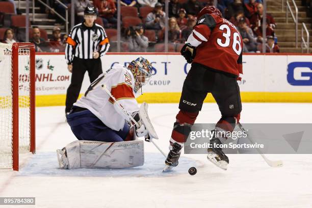 Florida Panthers goalie James Reimer makes a save while being screened by Arizona Coyotes right wing Christian Fischer during the NHL hockey game...