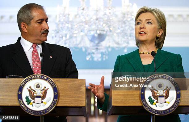 Secretary of State Hillary Rodham Clinton speaks as Foreign Minister of Jordan Nasser Judeh listens during a joint press availability at the State...