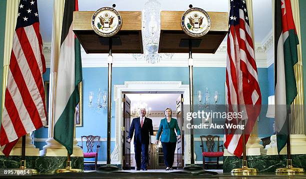 Secretary of State Hillary Rodham Clinton and Foreign Minister of Jordan Nasser Judeh walk toward the podiums for a joint press availability at the...