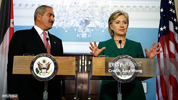 Secretary of State Hillary Rodham Clinton speaks as Foreign Minister of Jordan Nasser Judeh listens during a joint press availability at the State...