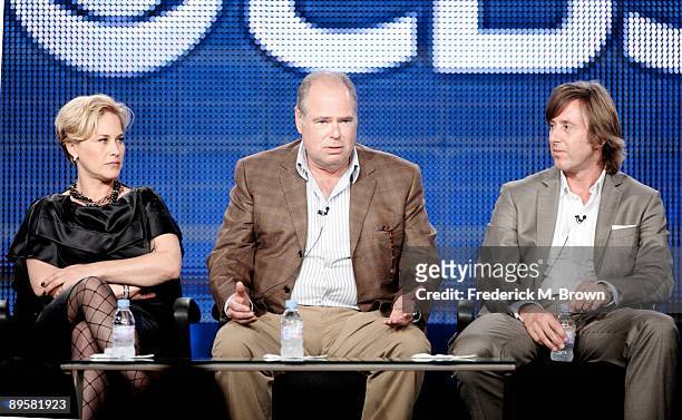 Actress Patricia Arquette, Executive Producer Glenn Gordon Caron and Actor Jake Weber of the television show "Medium" speak during the CBS Network...