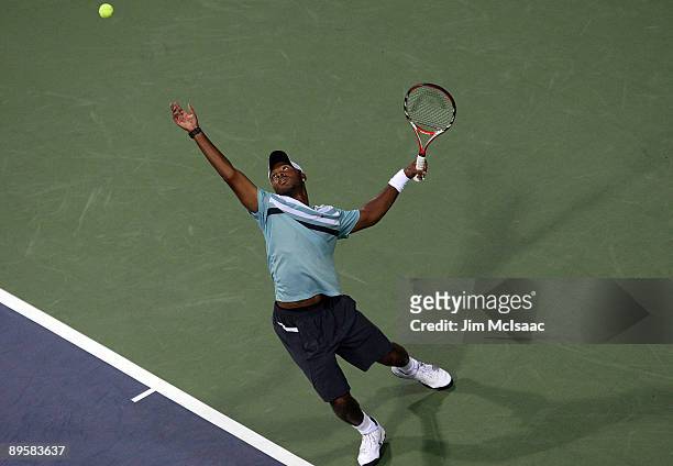 Donald Young serves to Lleyton Hewitt of Australia during Day 1 of the Legg Mason Tennis Classic at the William H.G. FitzGerald Tennis Center on...
