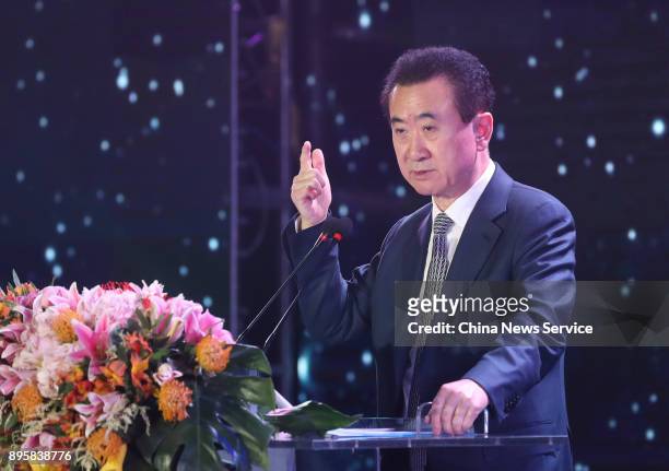 Wang Jianlin, Chairman and President of Dalian Wanda Group Co., speaks during Suning smart retail development strategy press release and partnership...