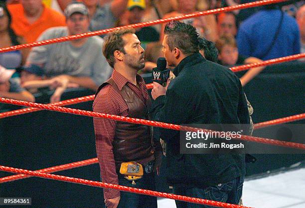 Actor Jeremy Piven, who was the guest host of WWE's "Monday Night Raw" at Mohegan Sun has words with The Miz on August 3, 2009 in Uncasville,...