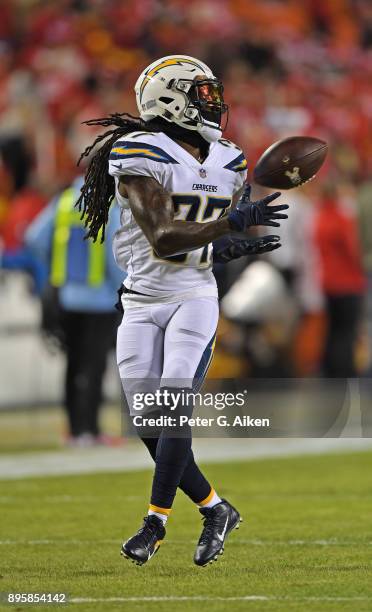 Strong safety Jahleel Addae of the Los Angeles Chargers warms up prior to a game against the Kansas City Chiefs at Arrowhead Stadium on December 16,...