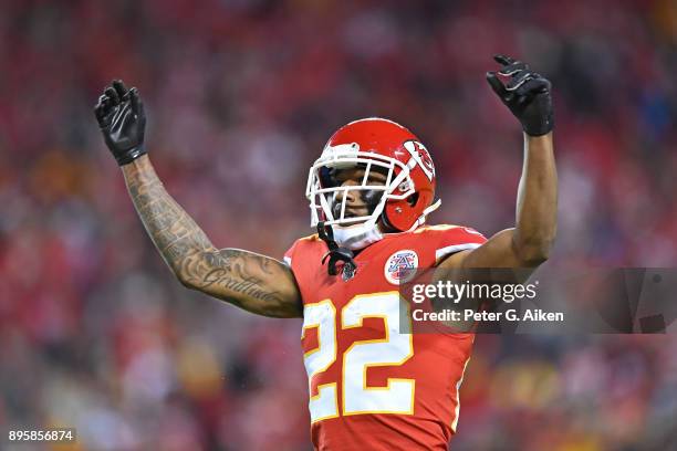 Cornerback Marcus Peters of the Kansas City Chiefs reacts to the crowd against the Los Angeles Chargers during the second half at Arrowhead Stadium...